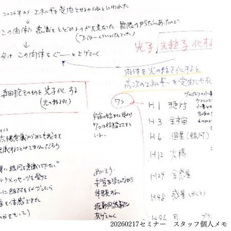 2026年にするべき「肉体を光の粒子化」
高次のエネルギーを受けとめられる體（からだ）をつくる
そのためには、細胞そのものを光子化（光の粒子化）する
スタッフによるセミナーメモ
意識への気づきを深める実践講座【覚醒セミナー】多次元的な真の自己を知る　in大阪府枚方市くずは