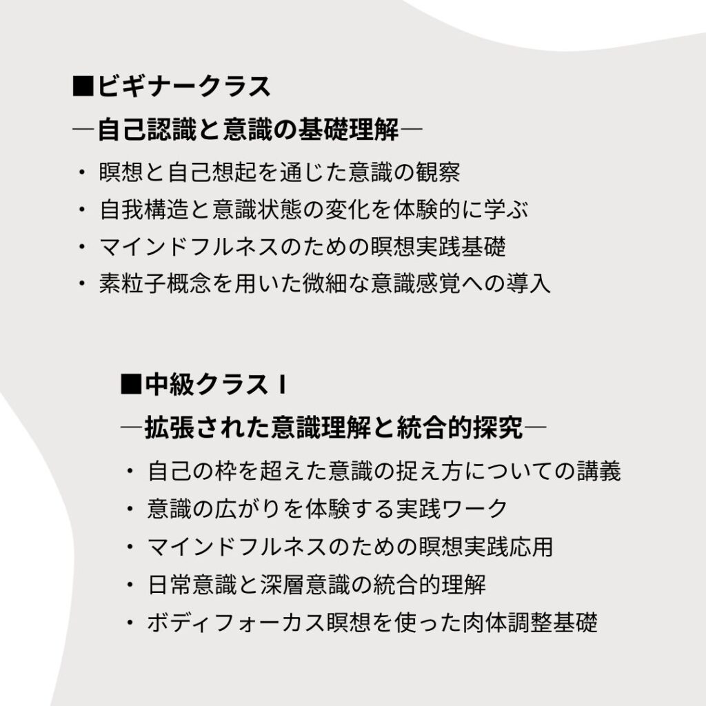 ■ビギナークラス
―自己認識と意識の基礎理解―
・ 瞑想と自己想起を通じた意識の観察
・ 自我構造と意識状態の変化を体験的に学ぶ
・ マインドフルネスのための瞑想実践基礎
・ 素粒子概念を用いた微細な意識感覚への導入
■中級クラスⅠ
―拡張された意識理解と統合的探究―
・ 自己の枠を超えた意識の捉え方についての講義
・ 意識の広がりを体験する実践ワーク
・ マインドフルネスのための瞑想実践応用
・ 日常意識と深層意識の統合的理解
・ ボディフォーカス瞑想を使った肉体調整基礎